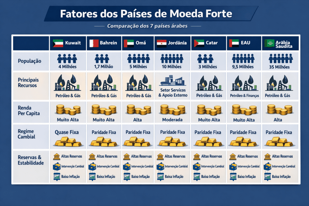 Países árabes: Kwait, Bahrein, Omã, Jordânia, Catar, Emirados dos Árabes Unido, Arábia Saudita